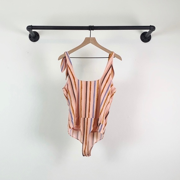 NWT BCBGeneration Revolve Multi Color Striped Tie Shoulder Thong Bodysuit - Picture 9 of 10